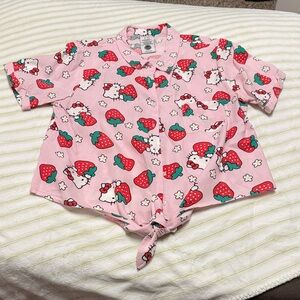 Hello Kitty Pink Button Down Shirt with Strawberry Print
